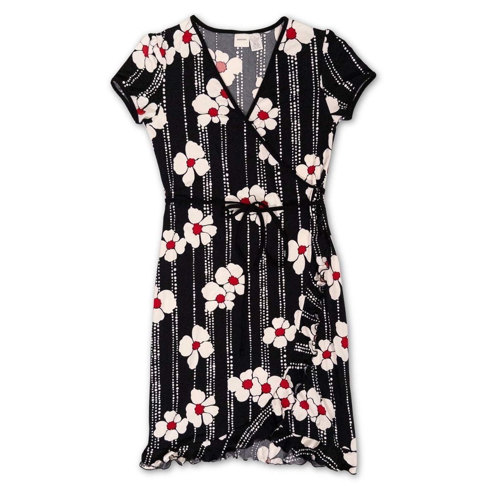 Merona‎ Women's Wrap Dress S Black White Floral Tie Waist Midi Whimsigoth Preppy